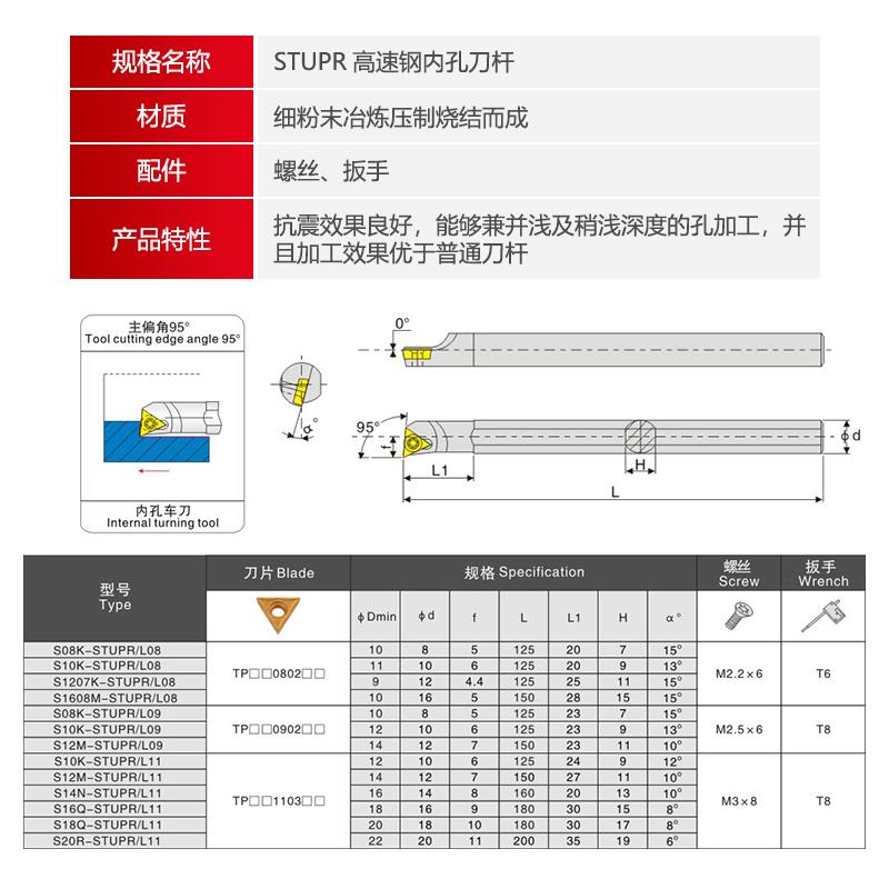 高速钢抗震刀杆95度内孔刀 H08K/H10K/H12M/H14N/H16Q-STUPR09/11