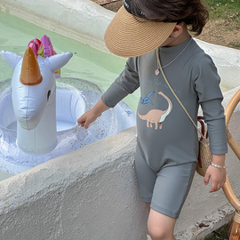 儿童泳衣夏季男童恐龙长袖防晒速干连体泳装泡温泉男孩宝宝游泳衣