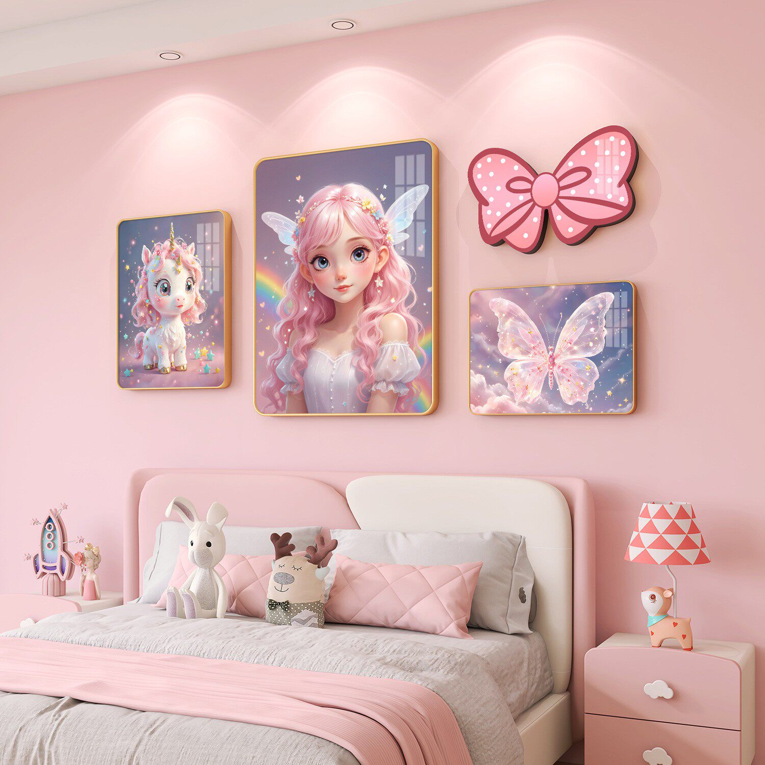 现代卡通女孩儿童房装饰画公主房粉色背景墙挂画卧室床头创意壁画