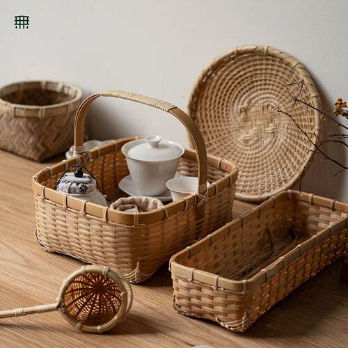 无即所有白竹器物手提竹篮子漏勺圆盘斗笠碗收纳手工编织工艺竹器