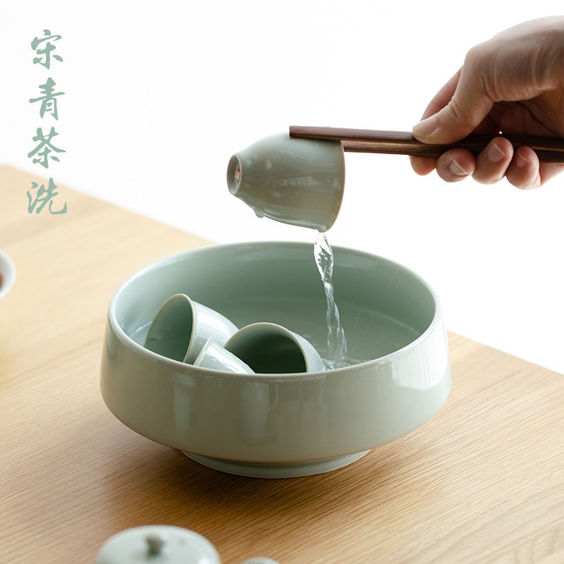 宋青釉特大号茶洗水盂手工水洗缸高档建水茶渣杠家用陶瓷茶具配件