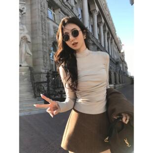 MULVAN 南韩oni 设计感褶皱半高领打底针织衫女修身显瘦内搭上衣