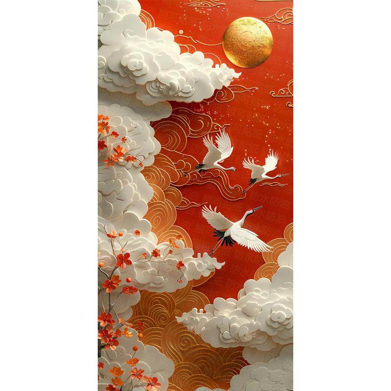 中式风闲 云野鹤客厅墙贴纸卧室内走廊红色国风装饰自黏贴画 画防,个性定制/设计服务/DIY,写真/海报印制,淘宝优惠券,粉丝福利购,淘宝优惠卷