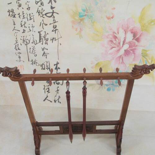 仿古花梨木龙头笔挂 6针12挂 书法用品木质雕刻笔架