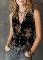 Women Floral Print Sleeve Shirt Commuter Blouse Button Front thumbnail 2