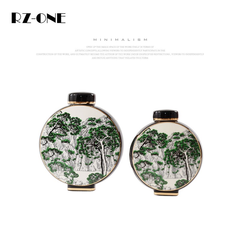 rzone 现代简约陶瓷储物罐新中式金边橱窗工艺品书房柜子软装摆件
