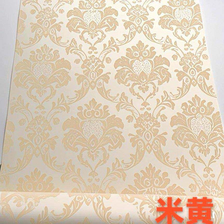 加厚欧式墙纸无纺布壁纸轻奢客厅卧室大马士格非自粘米黄浅黄米白