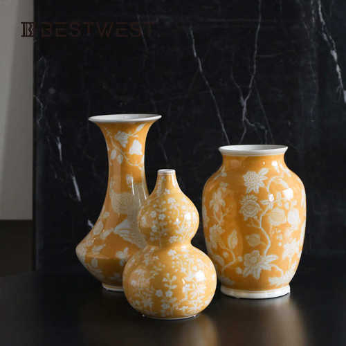 黄底博长颈家居轻花卉饰品 套装台灯罐装孔雀储藏西家居花瓶奢