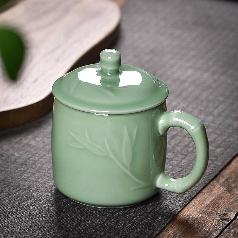 青瓷茶杯陶瓷马克杯带盖子泡茶杯办公大容量水杯个人专用会议杯定