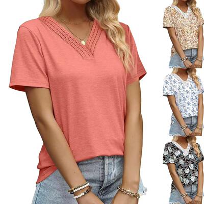 Chinese collar lace short sleeved women's T-shirt