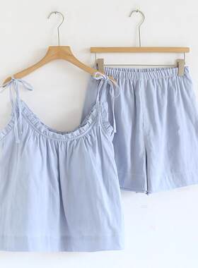 带胸垫睡衣女夏季系绳吊带短裤九分裤纱布薄款套头家居服套0703k