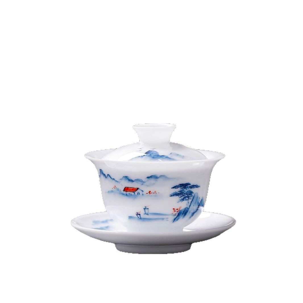 璞玉手绘盖碗冰种玉瓷三才盖碗功夫茶具茶杯羊脂玉盖碗陶瓷敬茶碗