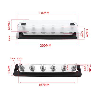 房车游艇6路黑色直流汇流排M8螺柱 汽车尼龙底座汇线排配接线端子