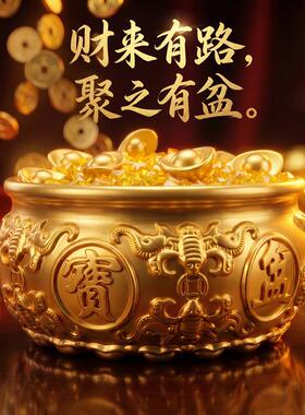 【己开】2026年新纯黄铜聚宝盆摆件招财聚财元宝客厅店铺八方来财