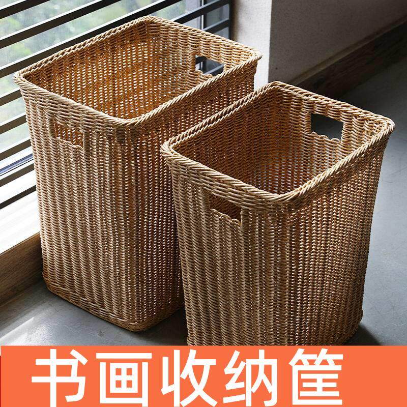 书画收纳画桶筒纸书报编织彷藤手工收纳筐书房字画卷轴篮子大号