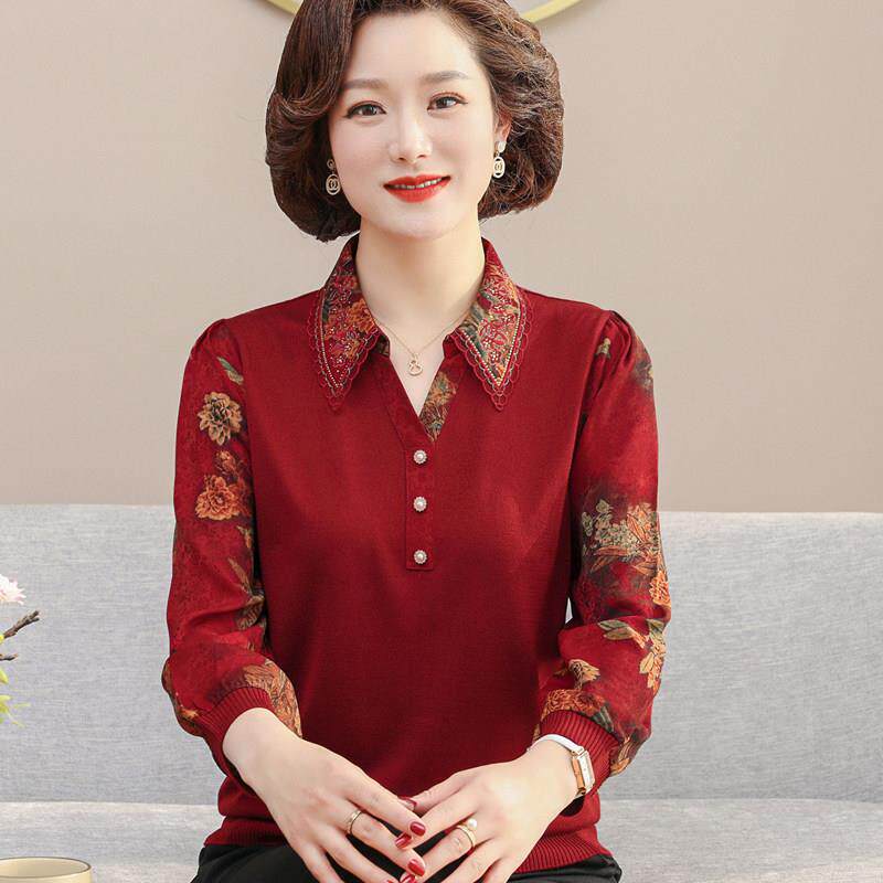 妈妈款翻领长袖T恤 中年女夏装喜庆衬衫中老年人婆婆春秋装上衣服