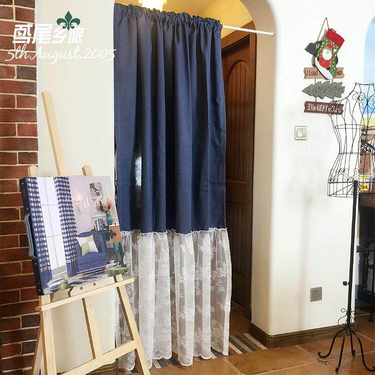 地中海美式臧蓝棉白蕾丝下摆门帘小窗帘柜门帘棉打孔帘穿杆挂钩