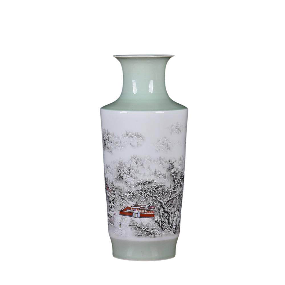 2024新款雪景山水花鸟陶瓷花瓶青釉边中式花插艺术花瓶简约家饰品