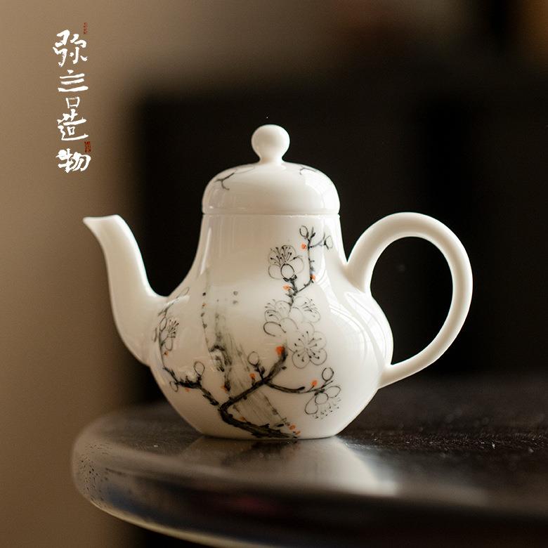 弥言玉泥白瓷手绘梅花茶壶纯手工陶瓷泡茶壶单壶带过滤手抓壶功夫