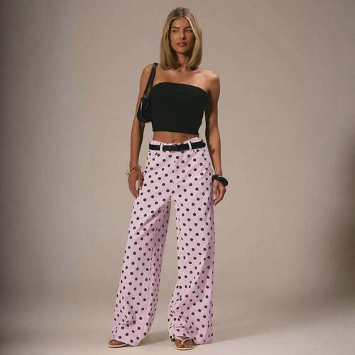 Wave dot mid waist non elastic denim pants for women, wave