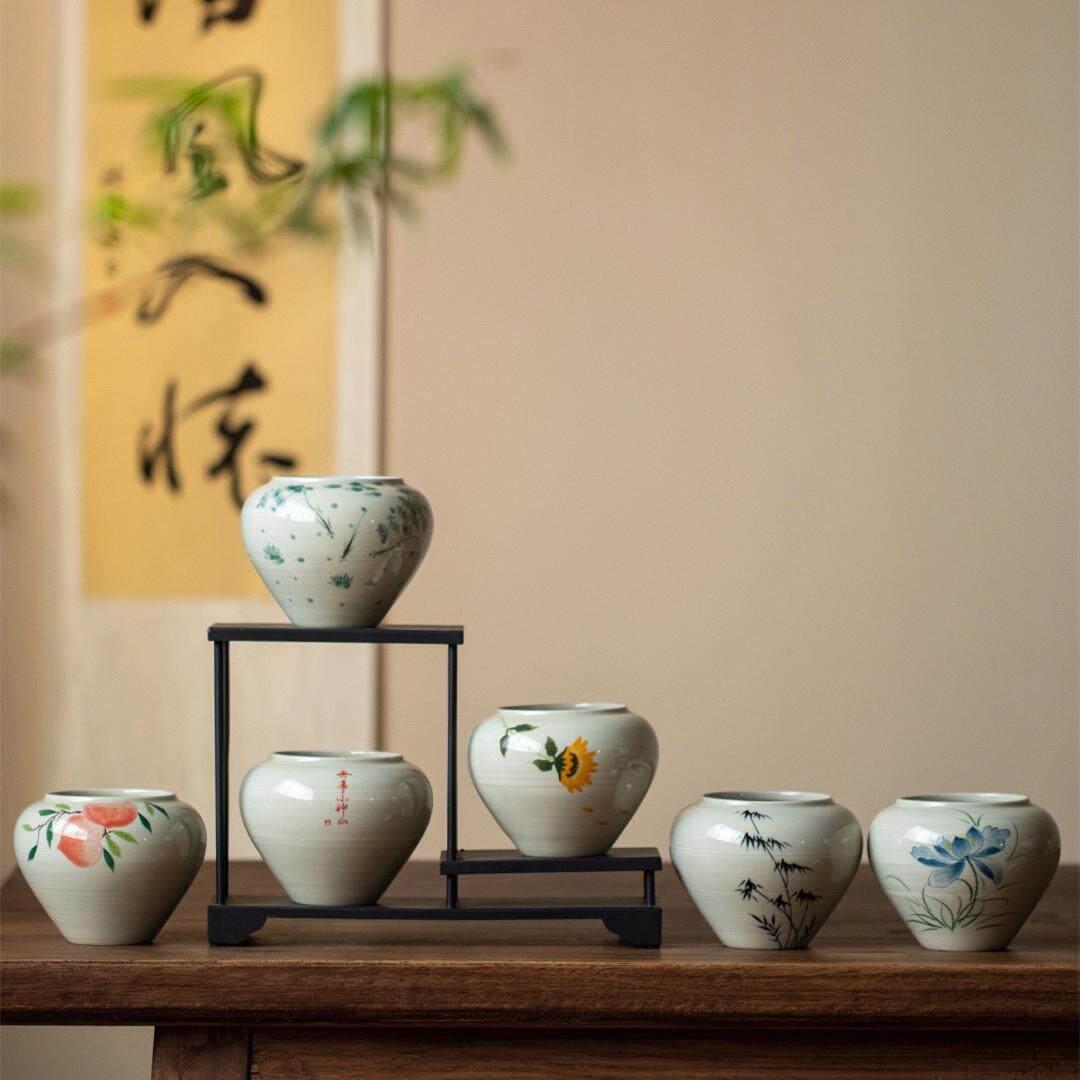 草木灰手绘建水陶瓷茶渣缸桌面水盂茶水缸废水桶茶道配件创意花插