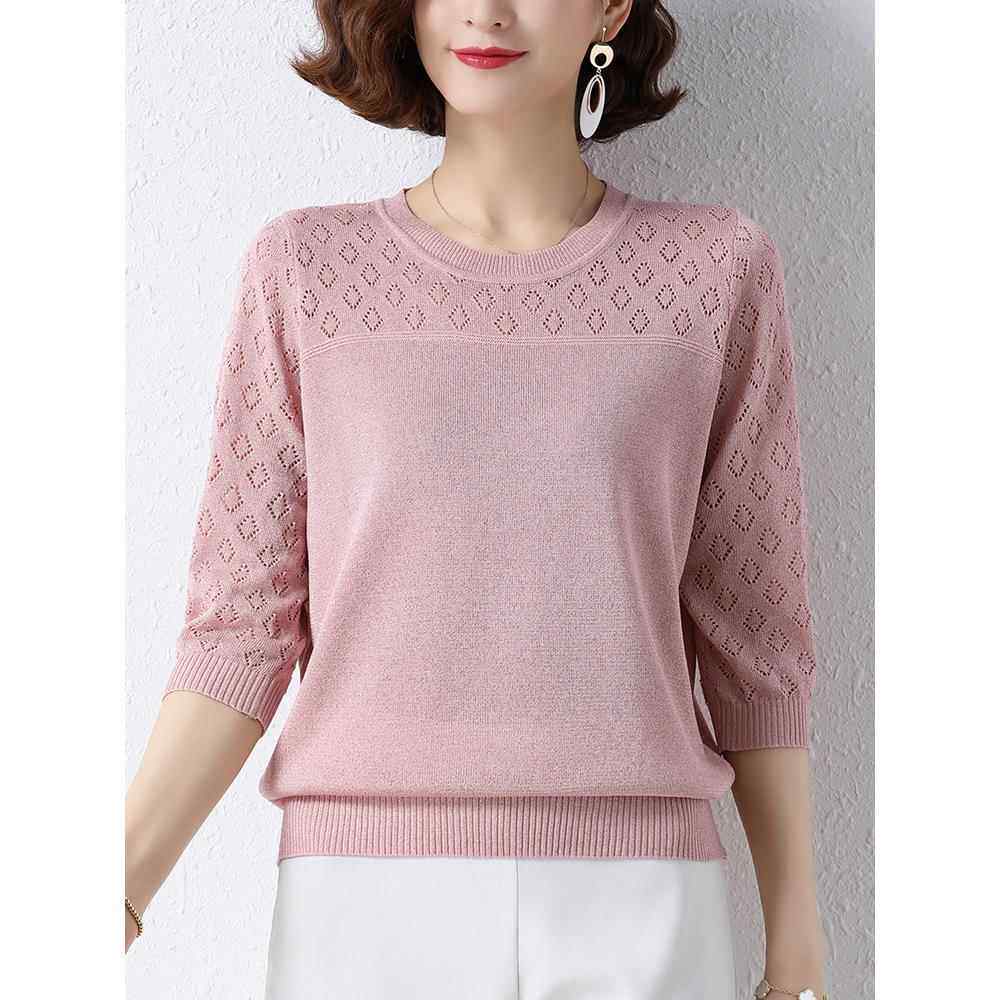 中年母亲冰丝绸t恤女士宽松大尺寸圆领针织剪裁薄顶夏季中袖丝绸t