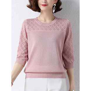 中年母亲冰丝绸t恤女士宽松大尺寸圆领针织剪裁薄顶夏季 丝绸t 中袖