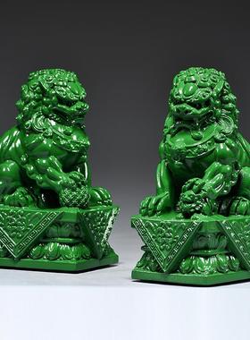绿色木雕刻狮子狮一对北居京家宫门摆件XCYZ019办公室装饰工艺品