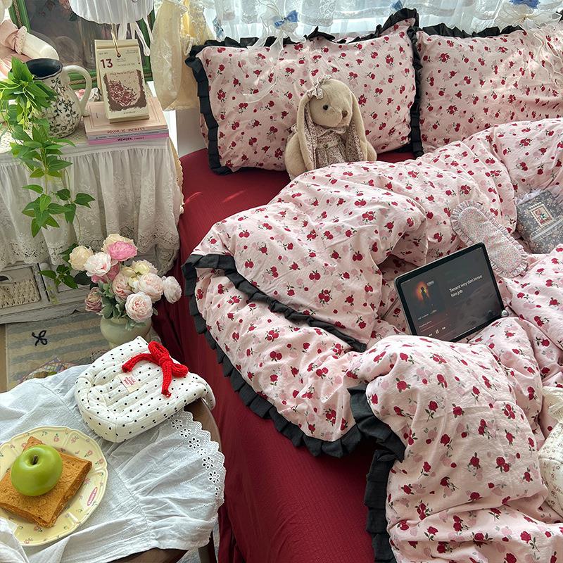 韩式少女心红蔷薇云感双层纱黑褶皱花边1.5床单笠被套三四件套1.8