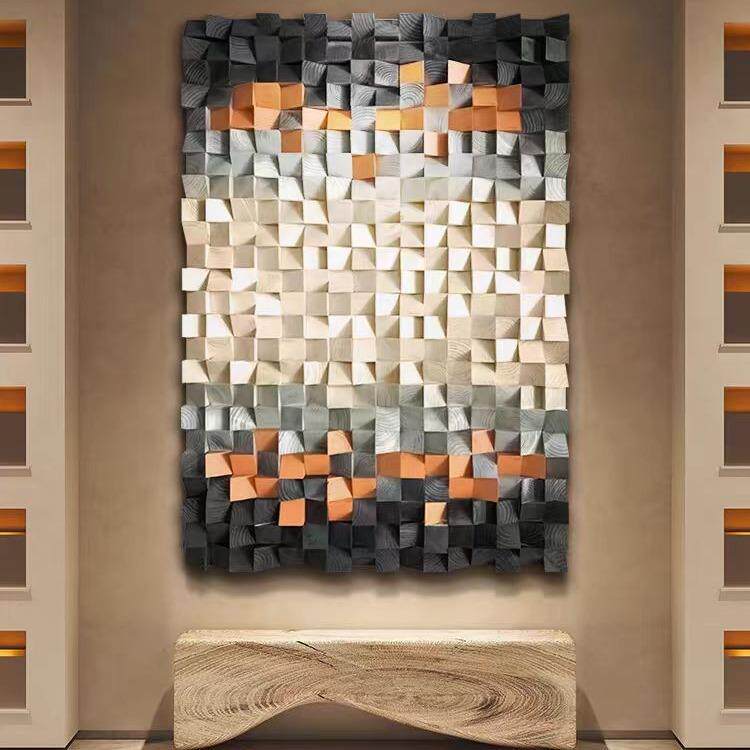高端马赛克实木头手工装置画立体客厅装饰画餐厅壁画玄关挂画