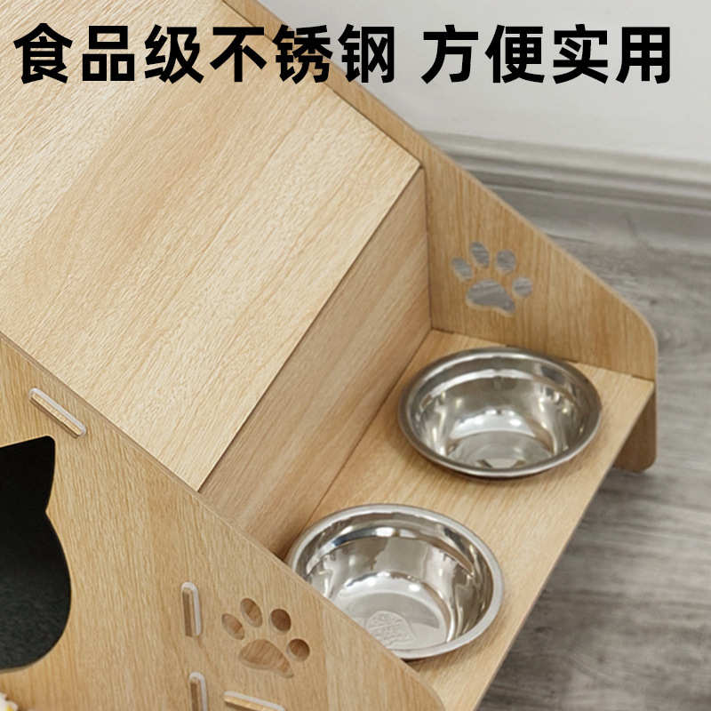 四季保暖猫窝猫床定制不掉屑猫抓板一体带猫碗木质猫别墅猫咪繁育