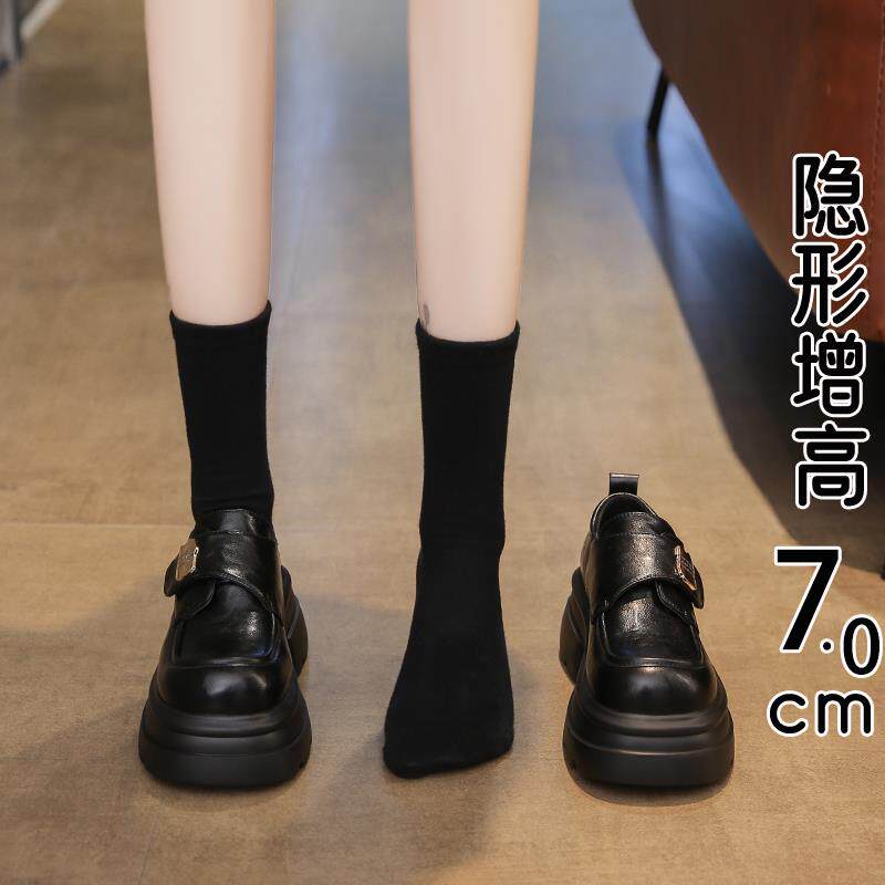 英国真皮厚底乐福鞋女秋季2025新款英伦风内增高一脚蹬黑色小皮鞋