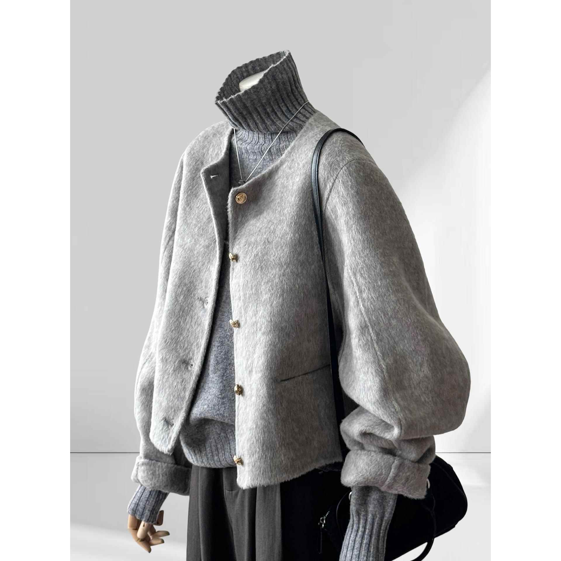 灰色短款双面羊绒大衣女2025秋冬季新款高级感小个子显瘦毛呢外套