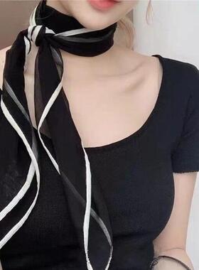 女士2024新款长条丝巾黑色百搭披肩纱巾真丝围巾百搭黑色桑蚕丝