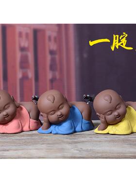 高档砂可爱童趣小和尚家居桌面茶玩摆件紫陶苍蝇寓意一定赢车载装