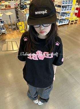 I.Tchooiate黑色字母刺绣短袖T恤女2026夏款宽松慵懒圆领纯棉上衣