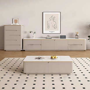 纯实木岩板落地电视柜茶几组合现代简约小户型客厅轻奢高级储物柜