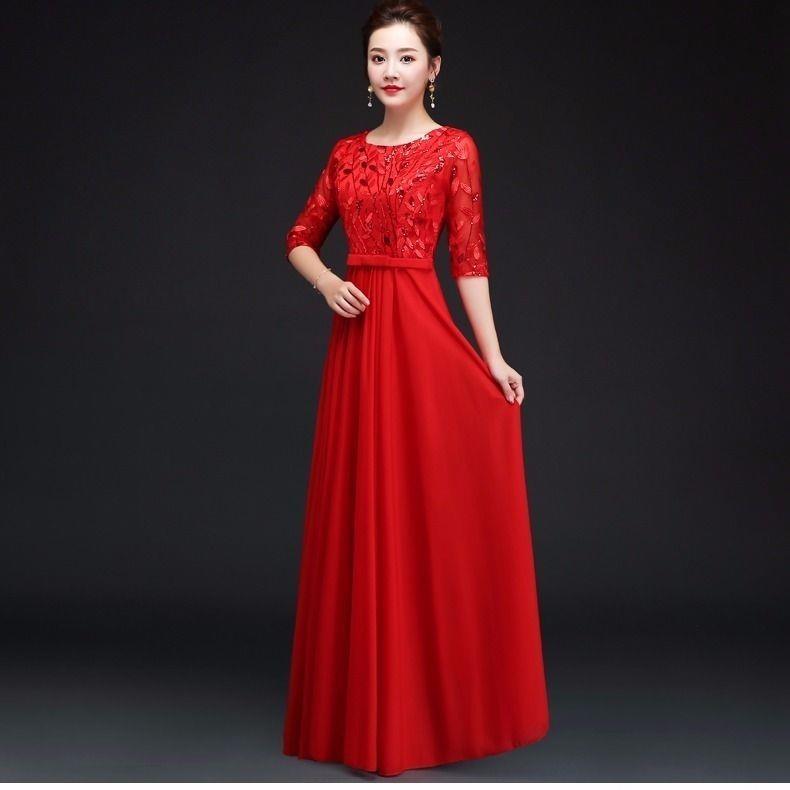 高档表合大唱演出服长裙红新款成人学生连衣裙中老女年演诗歌朗诵