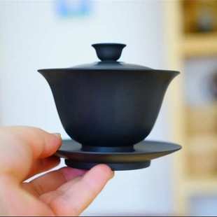功夫茶具泡茶碗单个敬茶杯纯手工制作 建水紫陶精品三才盖碗中式