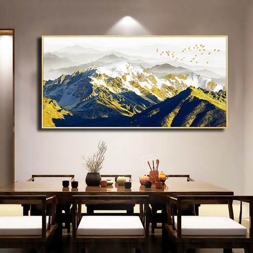 新中式客厅抽象装饰画鎏金山脉横幅壁画沙发墙画卧室书房大幅挂画