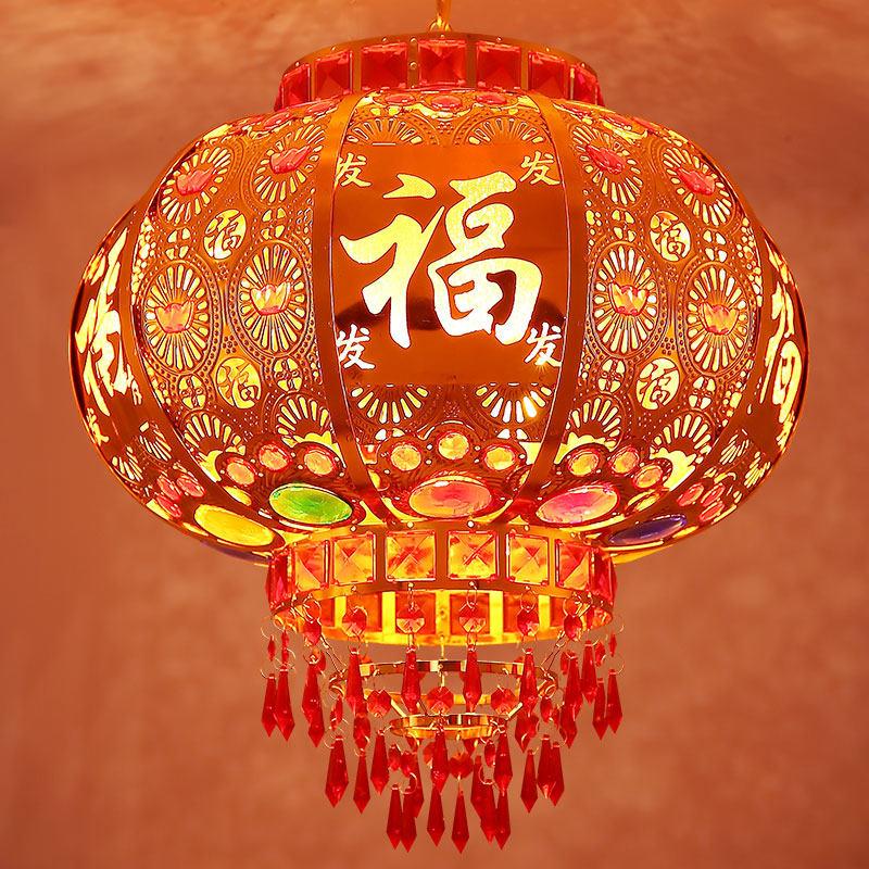 七彩过年灯笼吊灯LED大门阳台灯笼旋转大红结婚电动发光灯笼挂饰