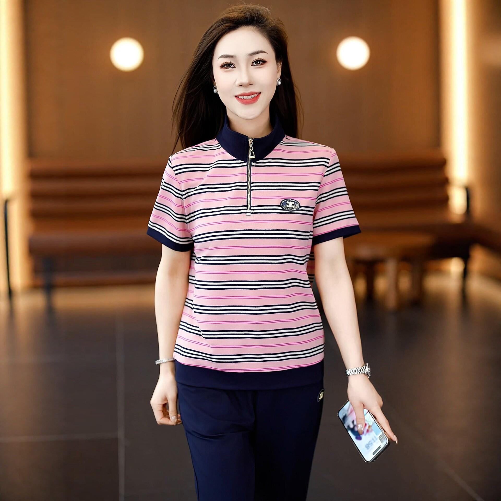 时尚条纹运动套装女士2026年夏季新款洋气减龄修身显瘦休闲两件套