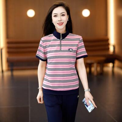 时尚条纹运动套装女士2026年夏季新款洋气减龄修身显瘦休闲两件套