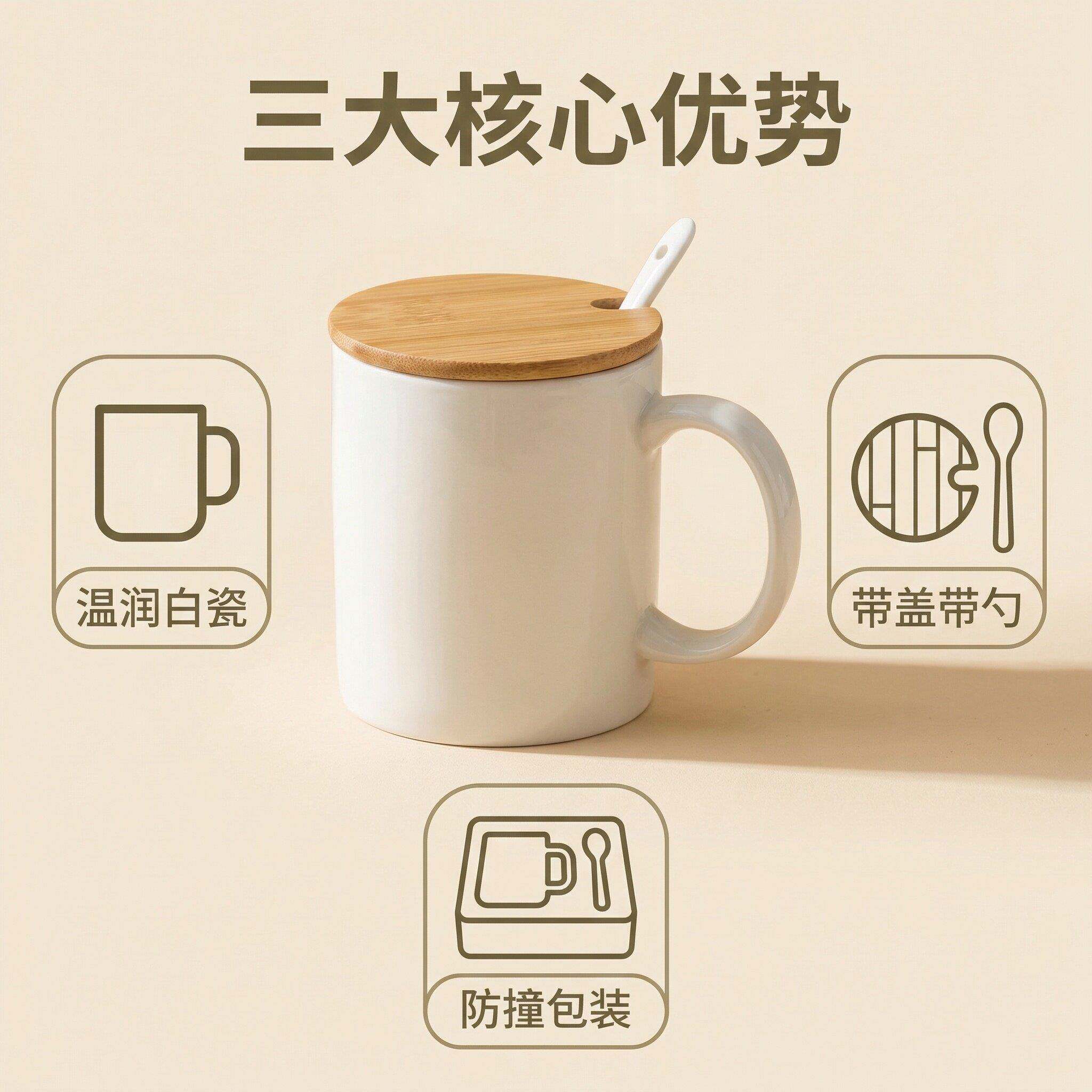 带木盖勺陶瓷白瓷马克杯简约办公家用饮水杯咖啡杯办公居家饮水杯