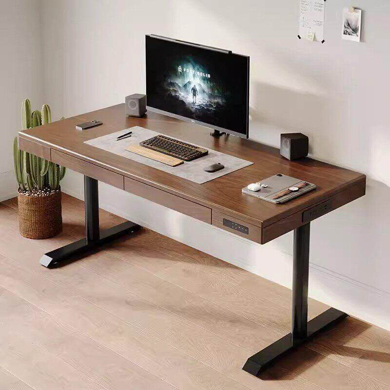 北美黑胡桃实木电动升降桌电脑桌家用办公电竞桌可升降工作台抽屉