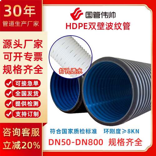 hdpe双壁波纹管市政农田排水管铁路隧道渗水管排污管塑料直管硬管