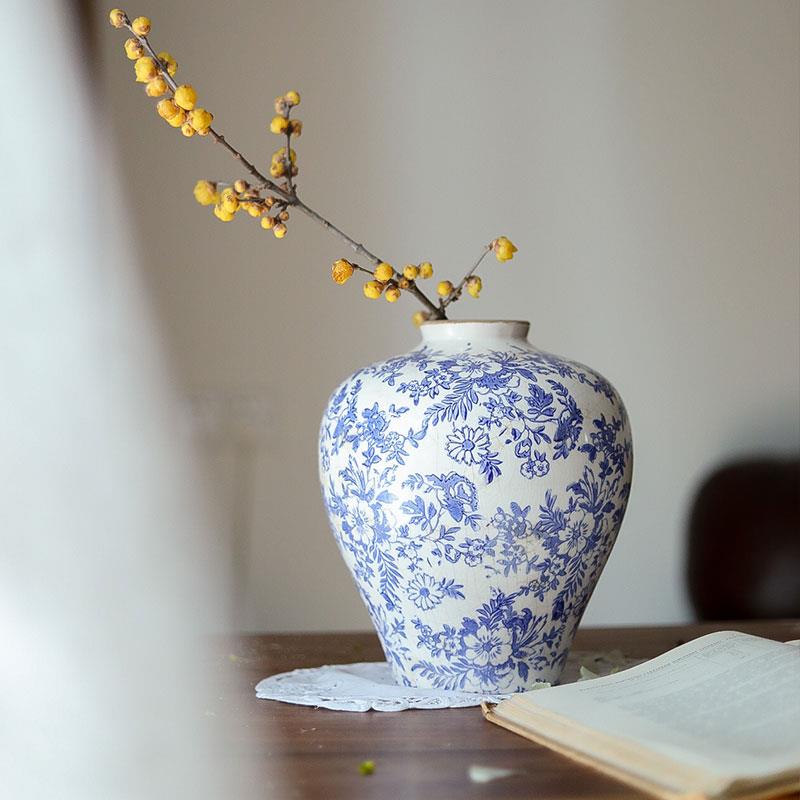 青花瓷陶瓷花瓶覆古做旧圆肚碎花水培插花装饰客厅高级新中式摆件