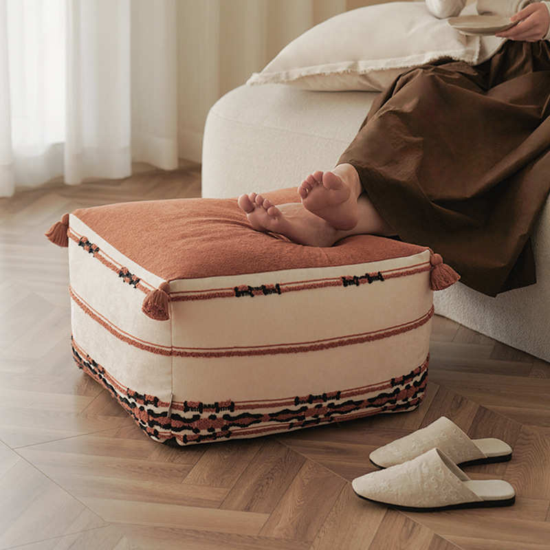 澜品『岁檀』橘红格子流苏可拆洗坐墩客厅墩子蒲团坐垫沙发垫凳子