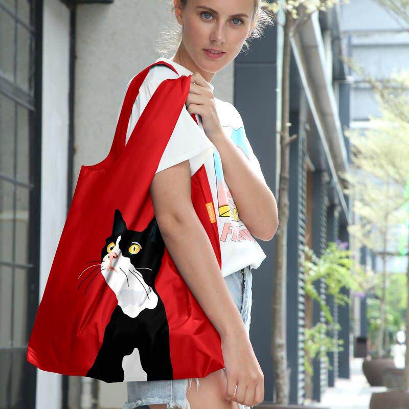 红色黑白猫时尚折叠环保购物袋可携式超市包手提袋单肩布包手挽袋