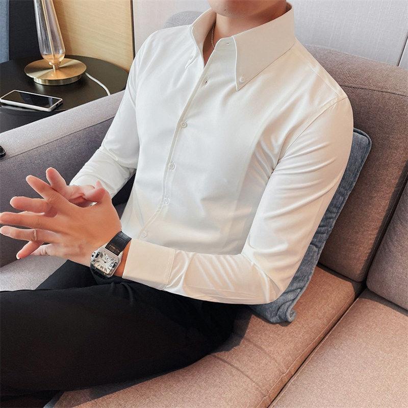 高端法式尖领长袖衬衫男士2026春秋修身高级感商务正装白色衬衣